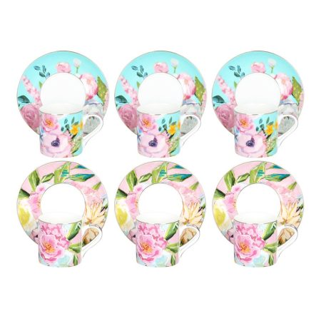 Luckyart Peony Desenli 6 lı Bone China Porselen Kahve Fincanı seti 100 ml